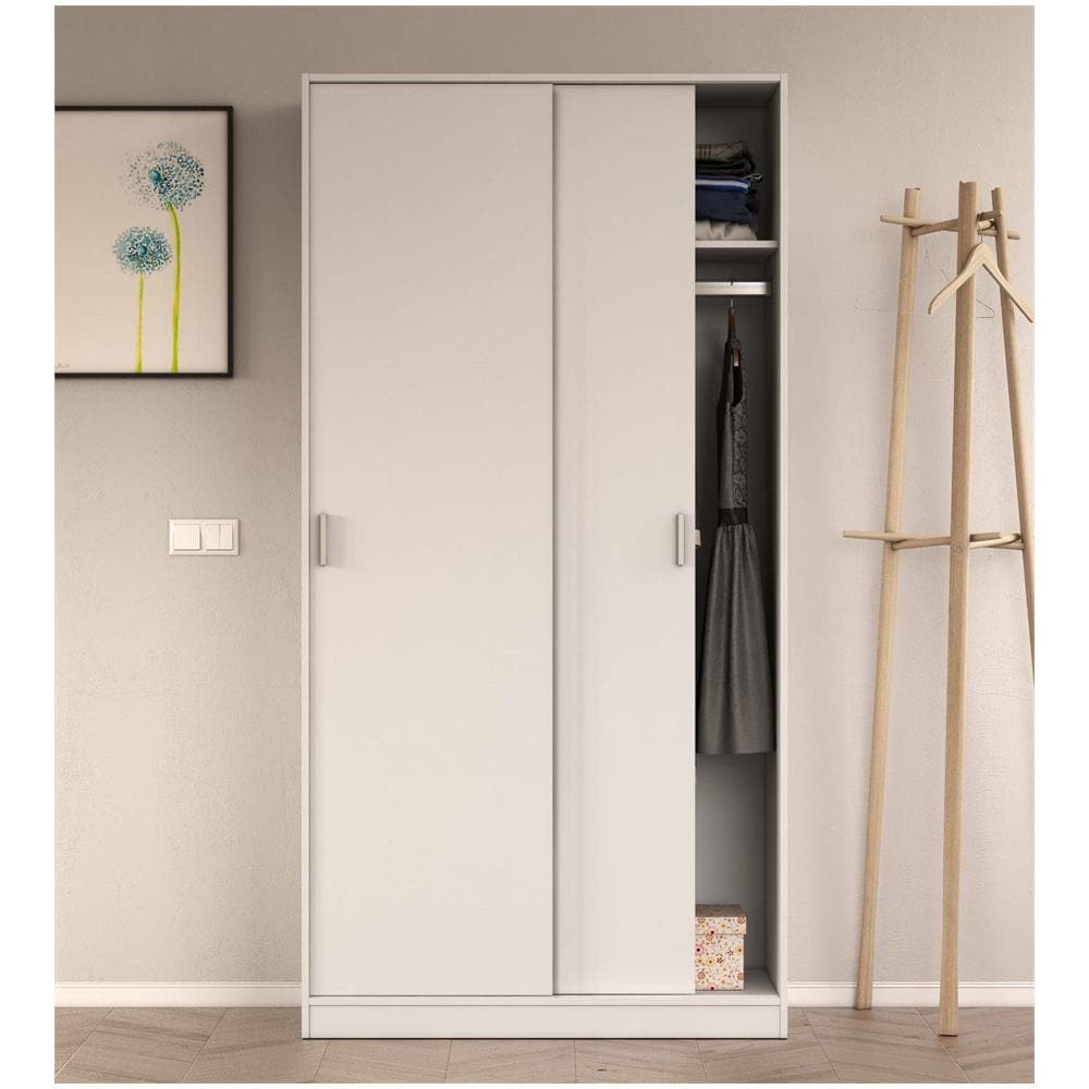 Guardaroba Lansing, Armadio Per Camera Da Letto A 2 Ante Scorrevoli, Mobile Con Ripiano E Barra Appendiabiti, 100x50h200 Cm, Bianco - Foto 4