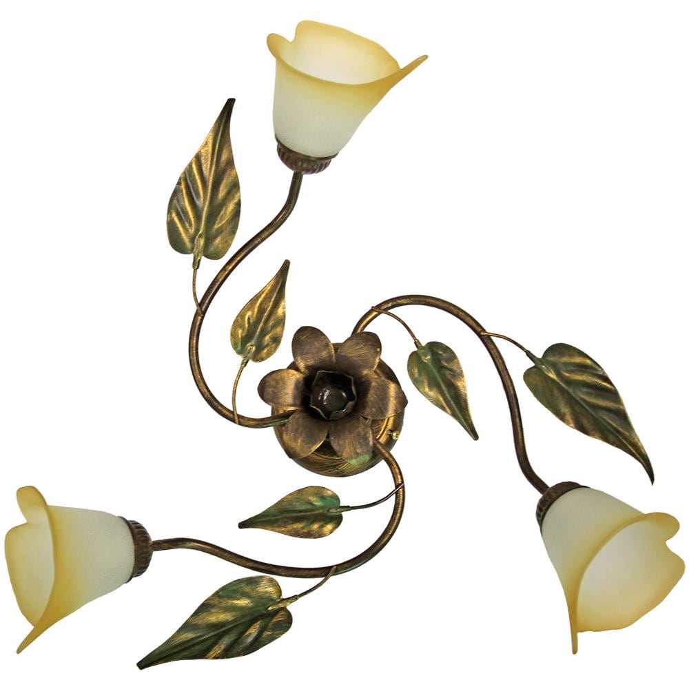 Plafoniera 3 Luci In Metallo Marrone Spennellato Oro Con Decoro Foglie Verdi - Foto 1