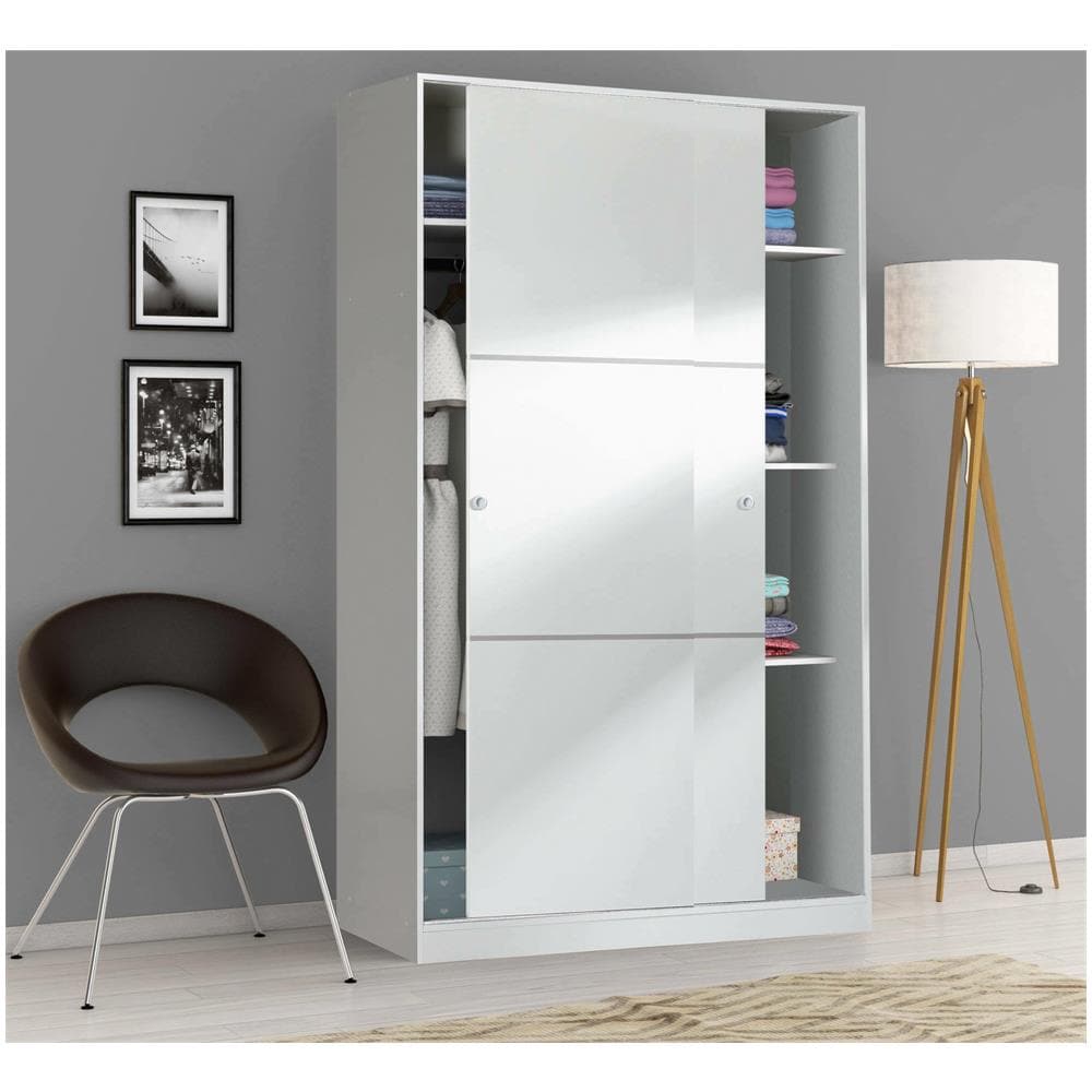 Guardaroba Waterbury, Armadio Per Camera Da Letto A 2 Ante Scorrevoli, Mobile Con 4 Ripiani E Barra Appendiabiti, 120x50h200 Cm, Bianco - Foto 1