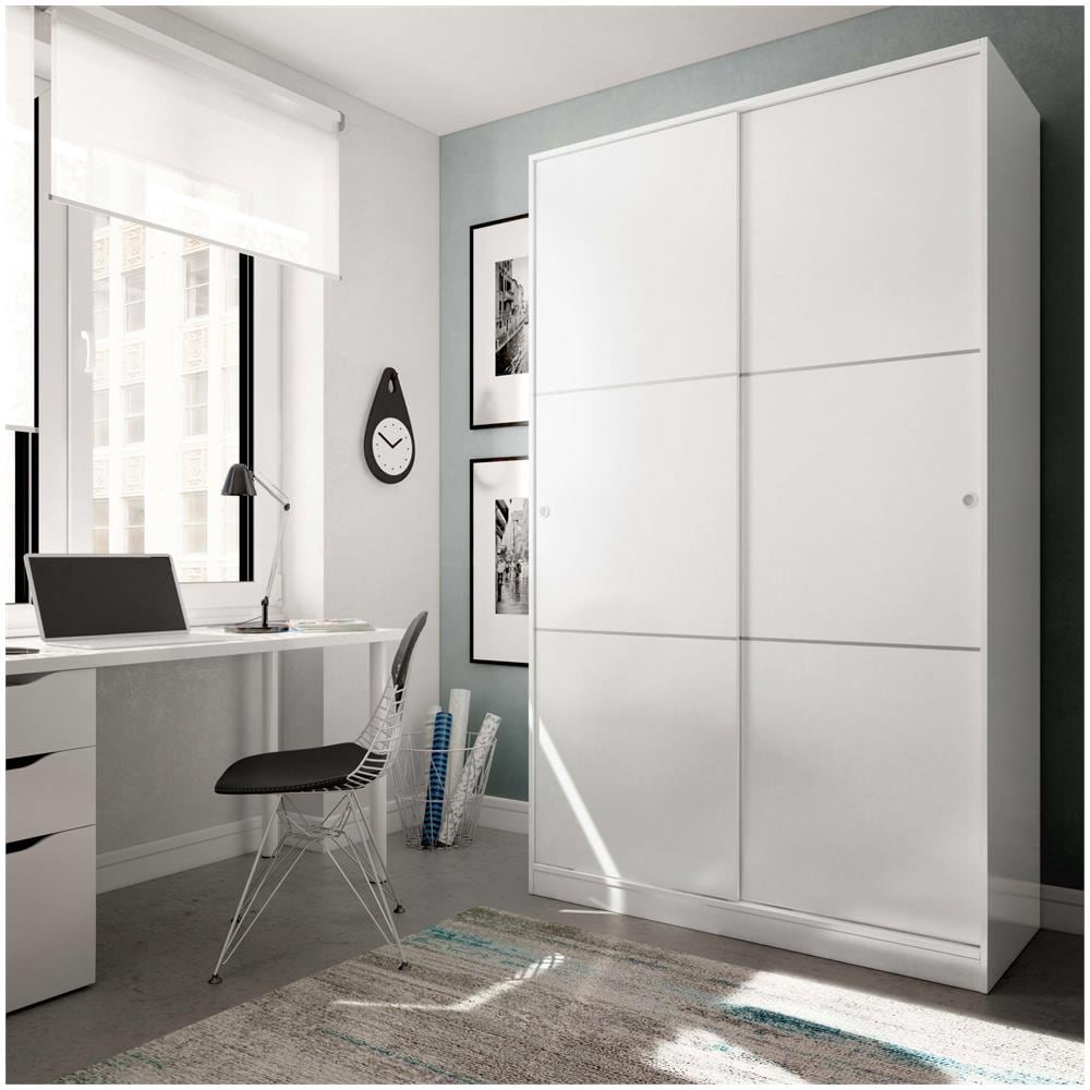 Guardaroba Waterbury, Armadio Per Camera Da Letto A 2 Ante Scorrevoli, Mobile Con 4 Ripiani E Barra Appendiabiti, 120x50h200 Cm, Bianco - Foto 4