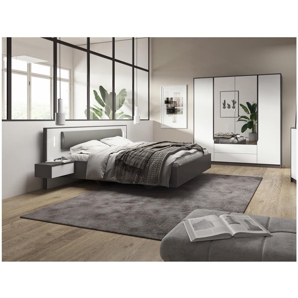 Letto Matrimoniale Con Comodini KUAKE - 160x200 Cm, Rovere E Grigio, Rete A Doghe, Moderno