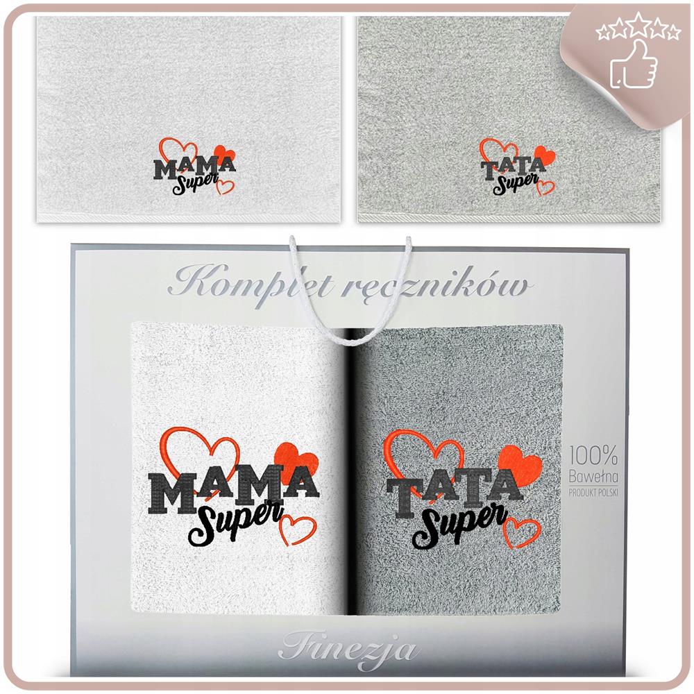 Set di asciugamani 420 g /m² - 2x70x140 cm - Bianco-Grigio - Ricamo come regalo per i genitori - Foto 1