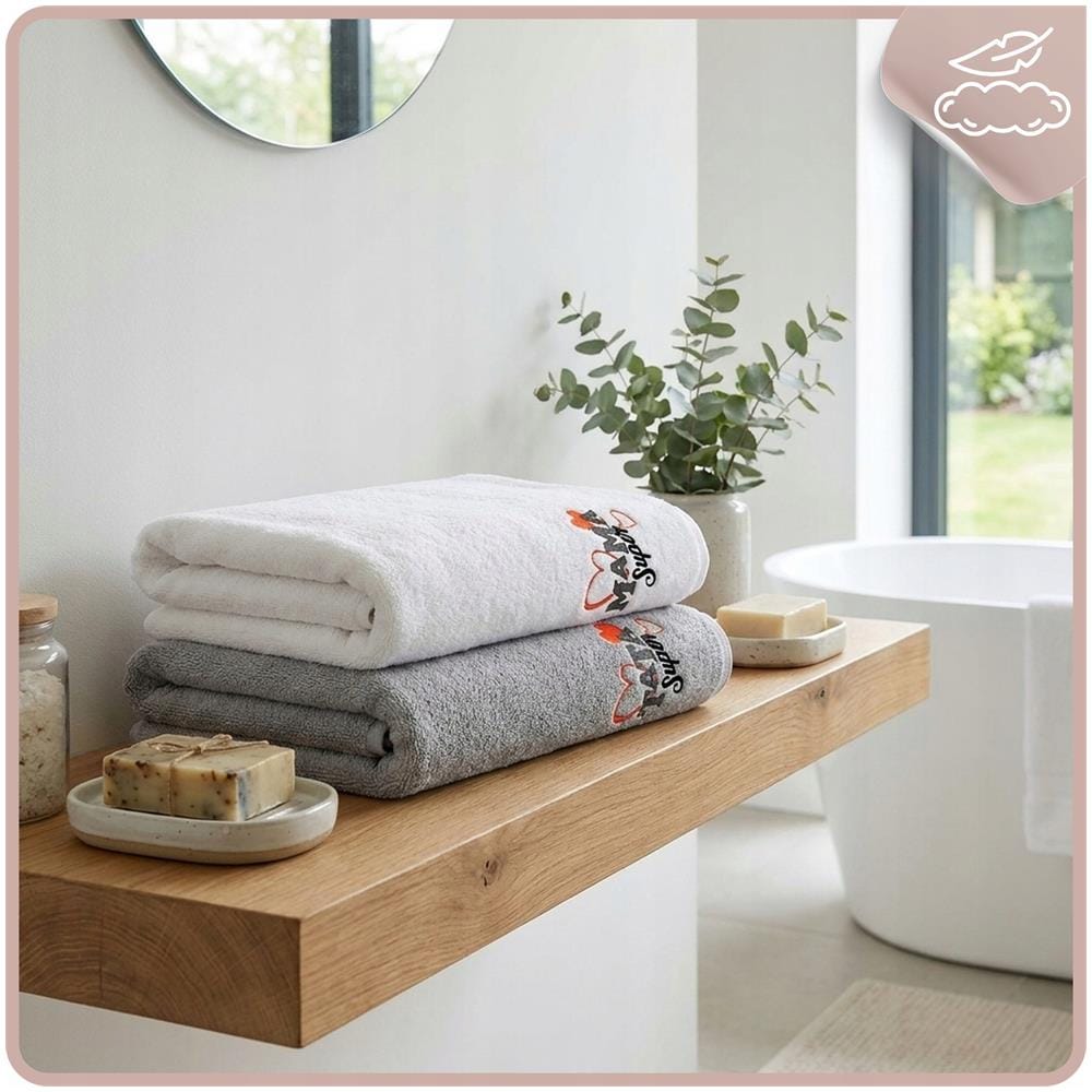 Set di asciugamani 420 g /m² - 2x70x140 cm - Bianco-Grigio - Ricamo come regalo per i genitori - Foto 2