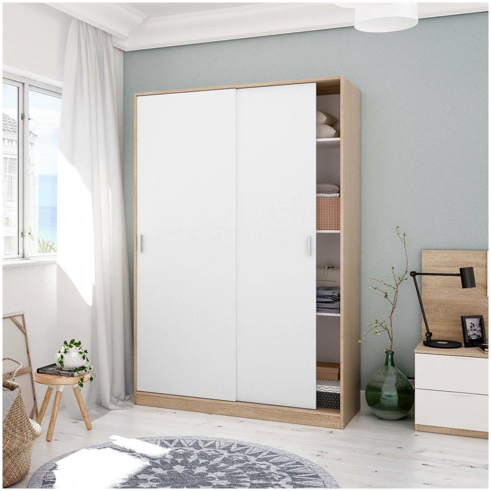 Guardaroba Waterbury, Armadio Per Camera Da Letto A 2 Ante Scorrevoli, Mobile Con 3 Ripiani E Barra Appendiabiti, 120x50h200 Cm, Rovere E Bianco - Foto 1