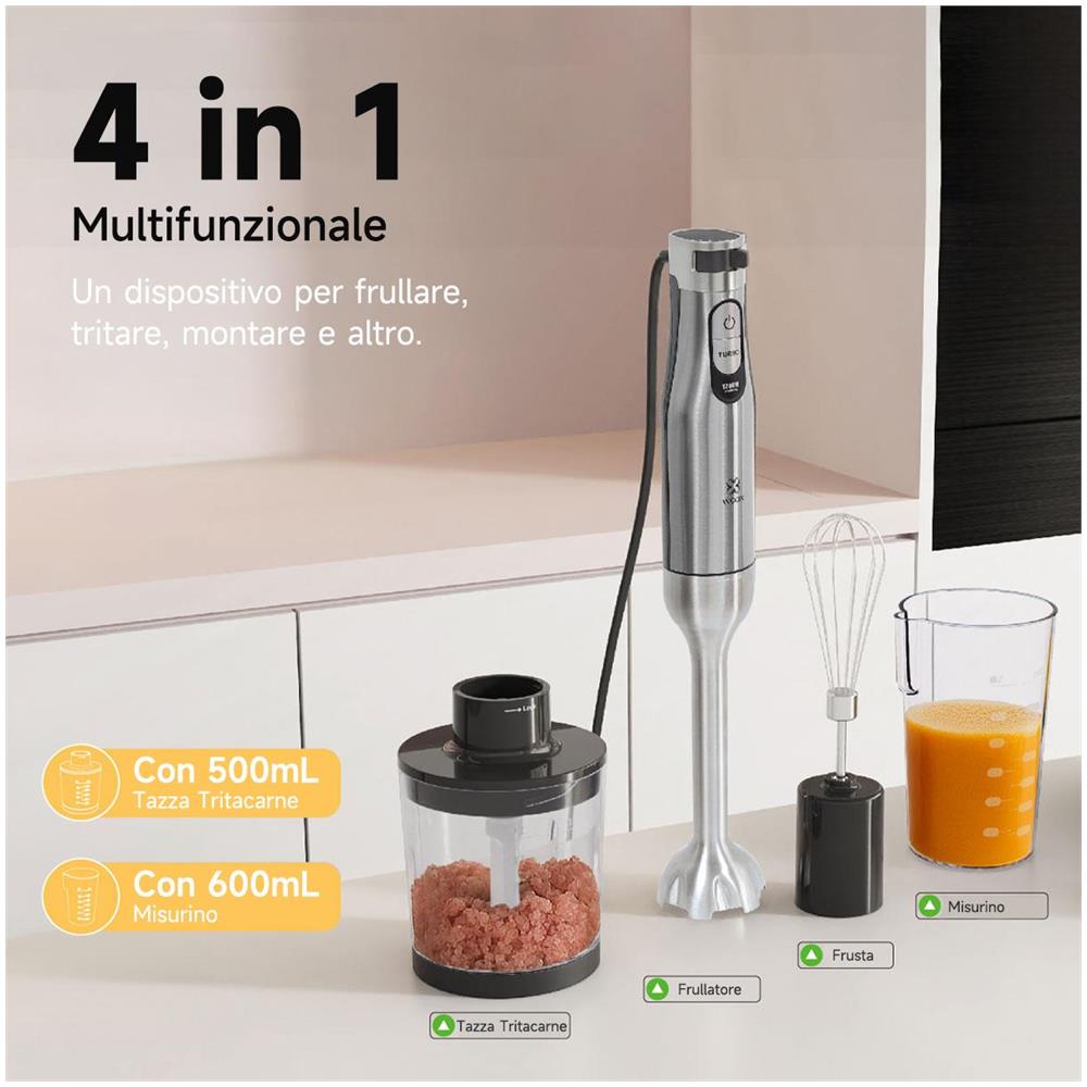Frullatore a Immersione da 1200 W, Mini Frullatore 4 in 1, Frullatore a Immersione a 20 Velocità, 4 Lame in Acciaio Inossidabile, Paraspruzzi con Misurino, Frusta per Uova, Tritatutto, Senza BPA - Foto 2