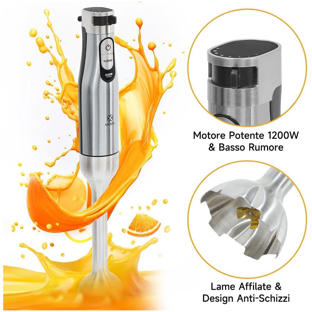 Frullatore a Immersione da 1200 W, Mini Frullatore 4 in 1, Frullatore a Immersione a 20 Velocità, 4 Lame in Acciaio Inossidabile, Paraspruzzi con Misurino, Frusta per Uova, Tritatutto, Senza BPA - Foto 4