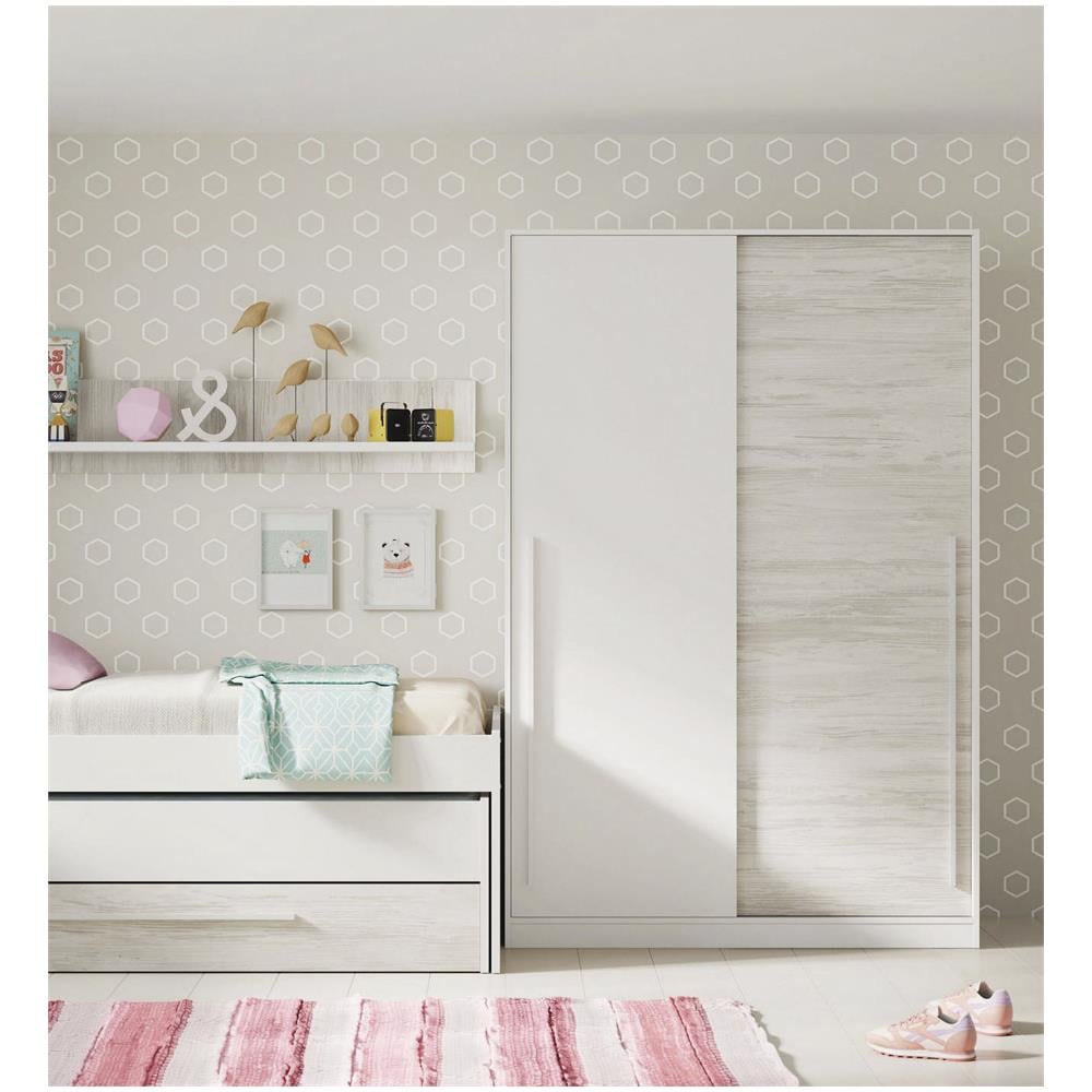 Guardaroba Downey, Armadio Per Camera Da Letto A 2 Ante Scorrevoli, Mobile Con Barra Appendiabiti E 3 Ripiani, 120x50h200 Cm, Bianco Anticato - Foto 1