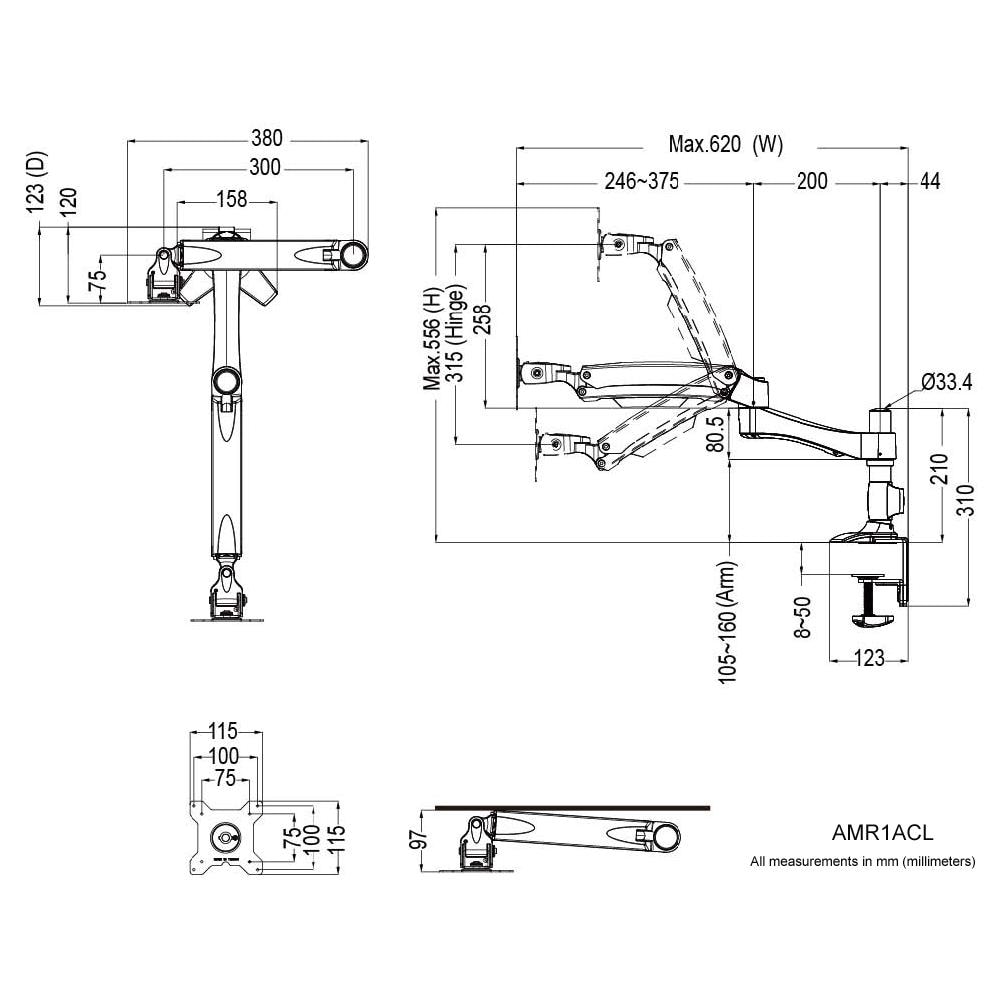 AMR1ACL, 75 x 75,100 x 100 mm, 105 - 106 mm, 90 - 90°, 90 - -20°, Nero, Argento, Alluminio, Plastica, Acciaio - Foto 2