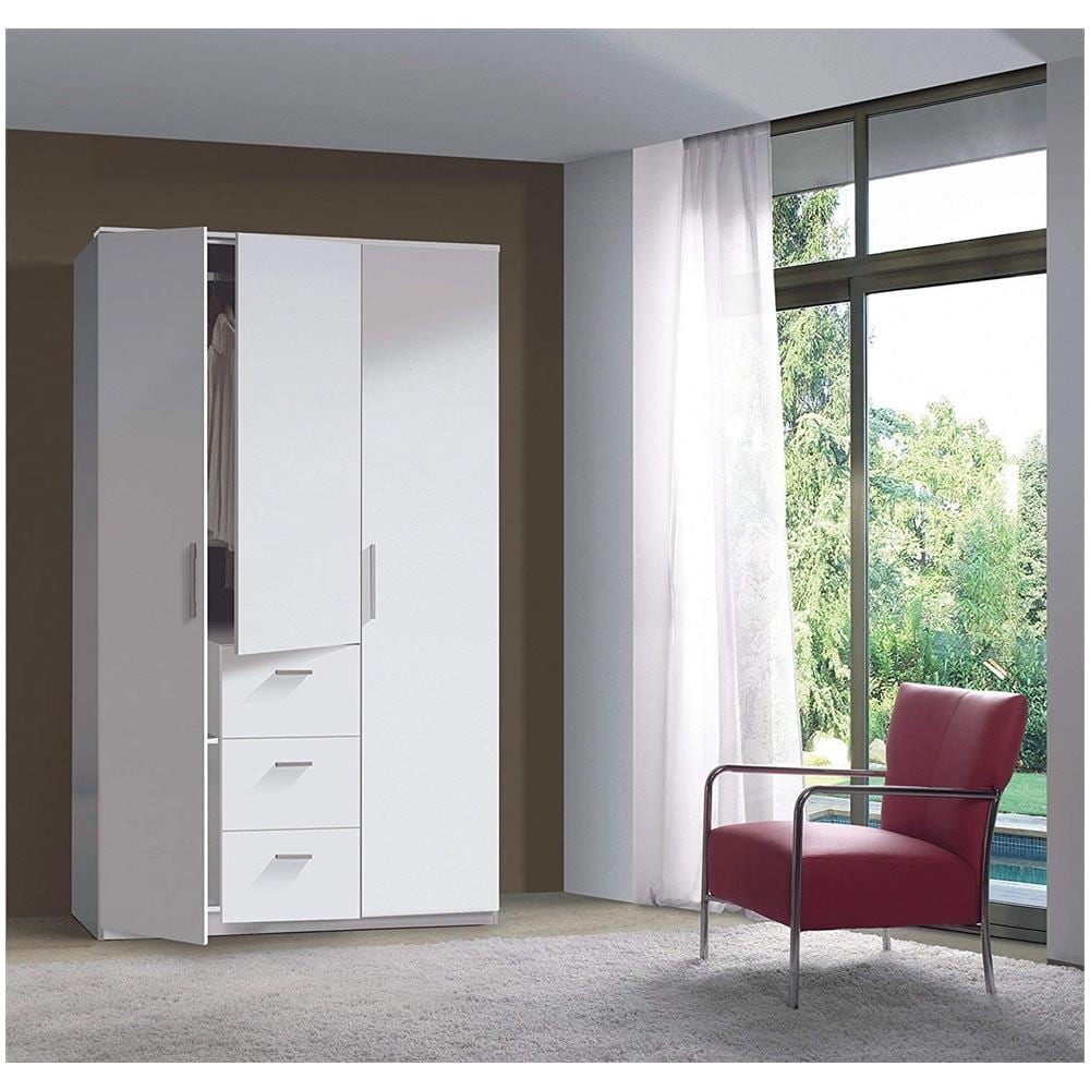 Guardaroba Providence, Armadio Per Camera Da Letto A 3 Ante Battenti, Mobile Con Barra Appendiabiti E 3 Ripiani, 117x52h203 Cm, Bianco - Foto 1