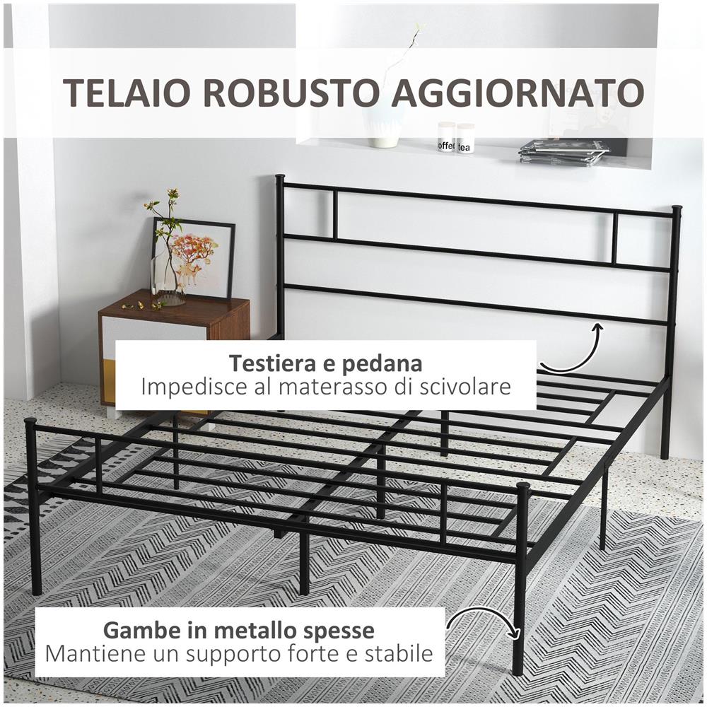 Struttura Letto Matrimoniale in Acciaio 160x200cm con Doghe, Testiera e Pediera - Nero - Foto 6