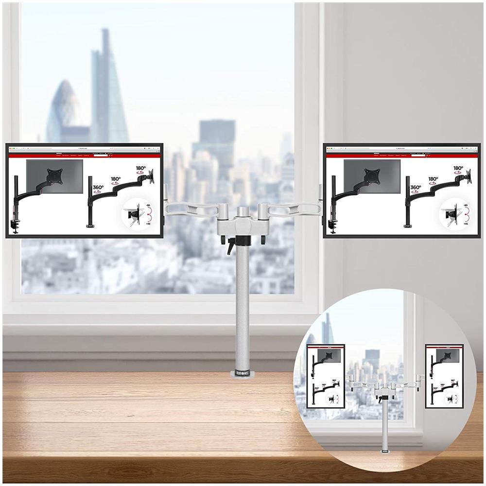 Dm352sr Doppio Supporto 2 Monitor Da Scrivania Con Morsetto - Braccio Monitor Da Tavolo In Alluminio Argentato - Altezza Regolabile E Orientabile - Compatibilità Universale Con Schermi Tv Monitor Con Vesa 100*100 - Foto 2