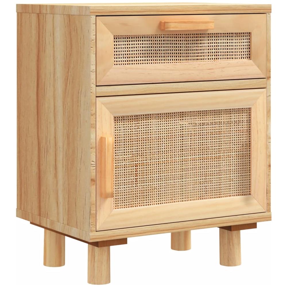 Comodino Marrone In Legno Massello Di Pino E Rattan Naturale - Foto 1