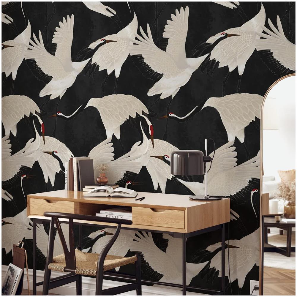 Carta Da Parati Aironi Neri In Fogli Di Vera Carta Vegana, Made In Italy, 200x280cm, 5,5mq - Foto 3