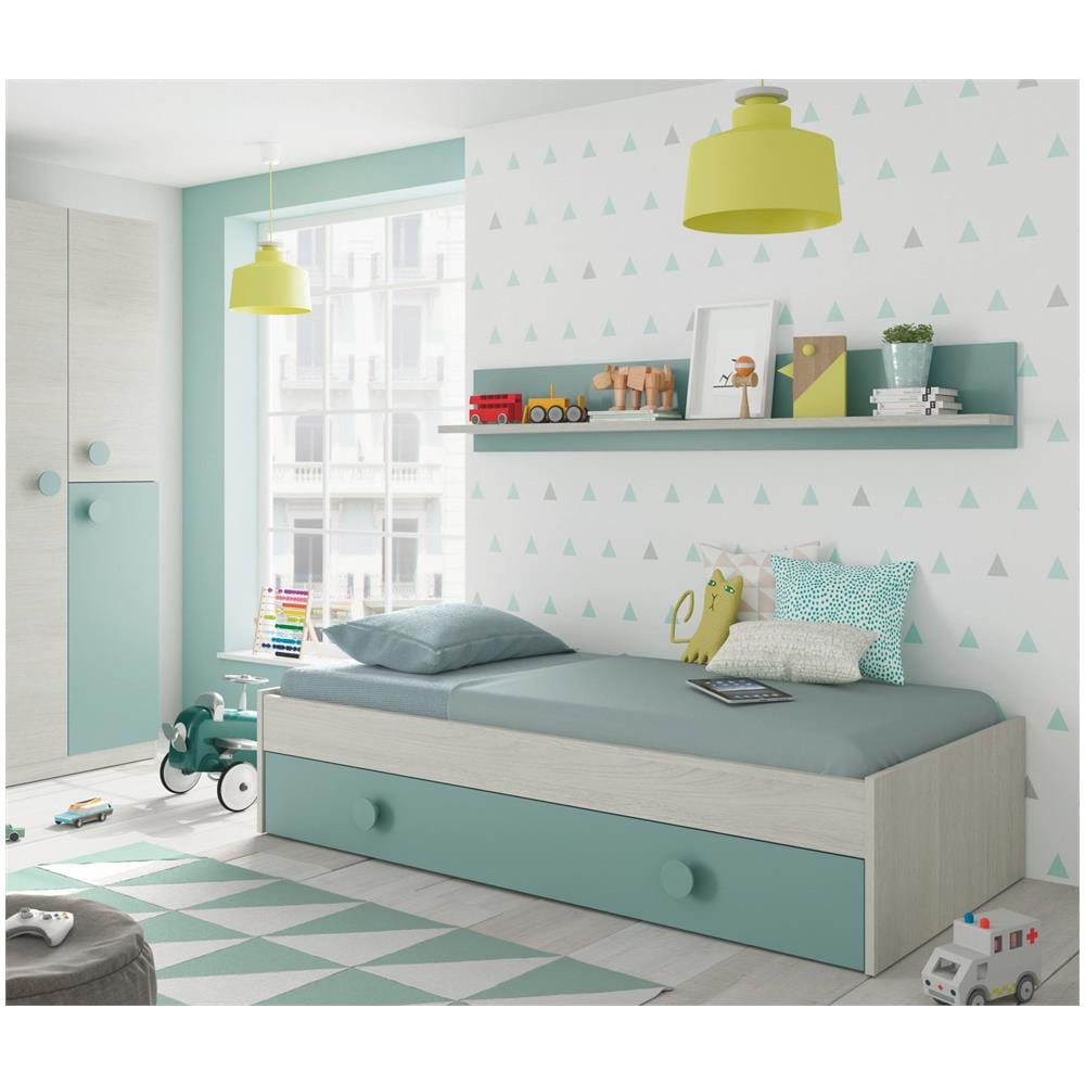 Letto Singolo Lubbock, Struttura Letto Per Cameretta, Letto Con Lettino Estraibile O Cassettone E Mensola Abbinata, 201x98h43 Cm, Bianco E Verde Acqua - Foto 1