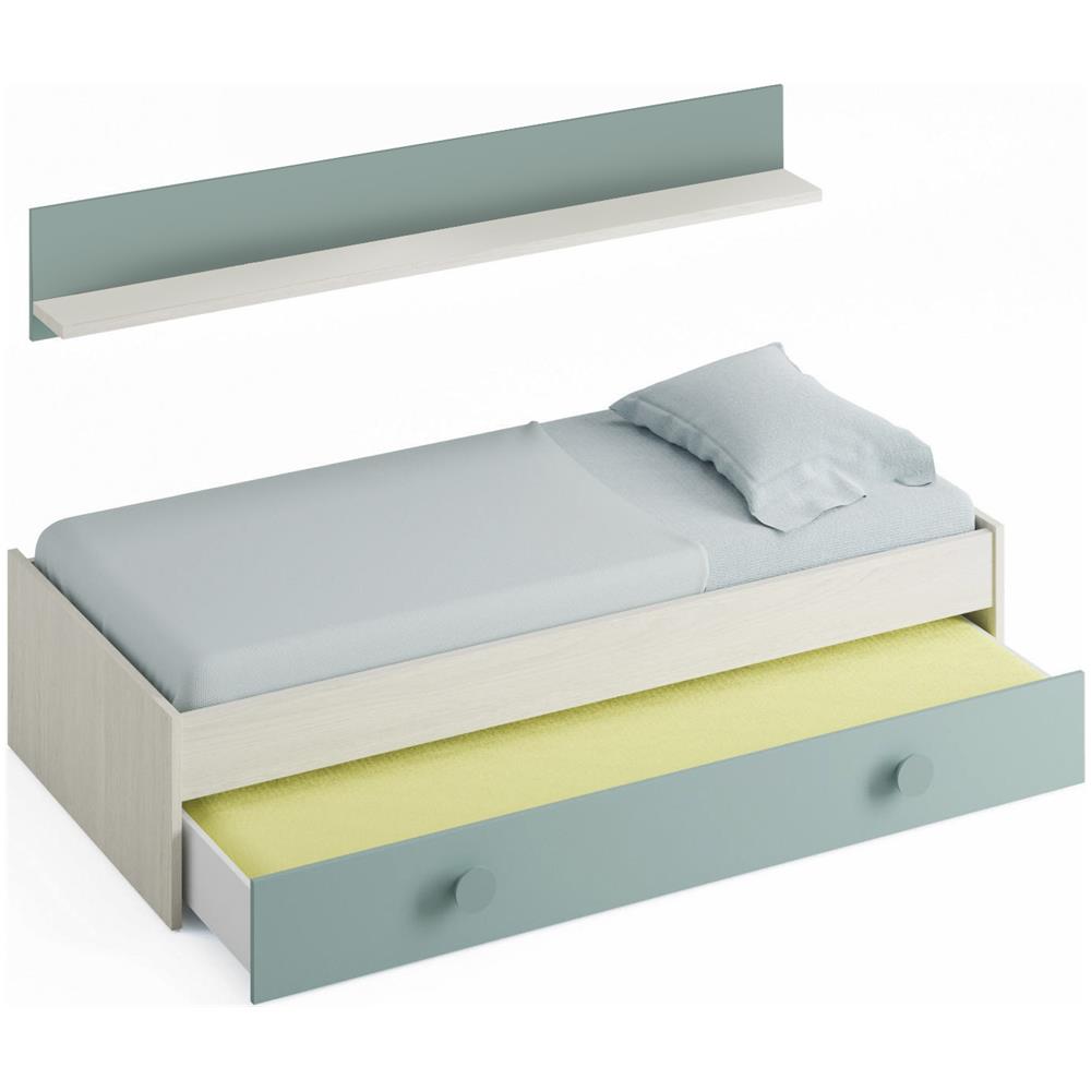 Letto Singolo Lubbock, Struttura Letto Per Cameretta, Letto Con Lettino Estraibile O Cassettone E Mensola Abbinata, 201x98h43 Cm, Bianco E Verde Acqua - Foto 2