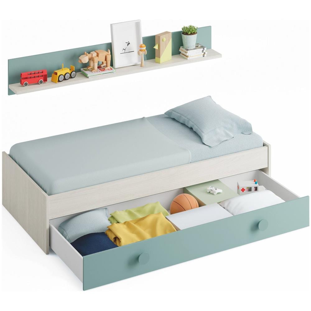 Letto Singolo Lubbock, Struttura Letto Per Cameretta, Letto Con Lettino Estraibile O Cassettone E Mensola Abbinata, 201x98h43 Cm, Bianco E Verde Acqua - Foto 4