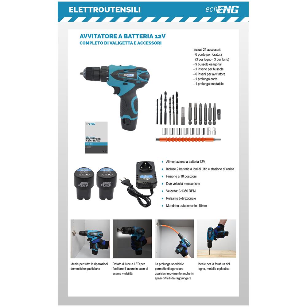 Trapano avvitatore a batteria 12V valigetta 24 accessori 2 batterie e caricatore - Foto 7