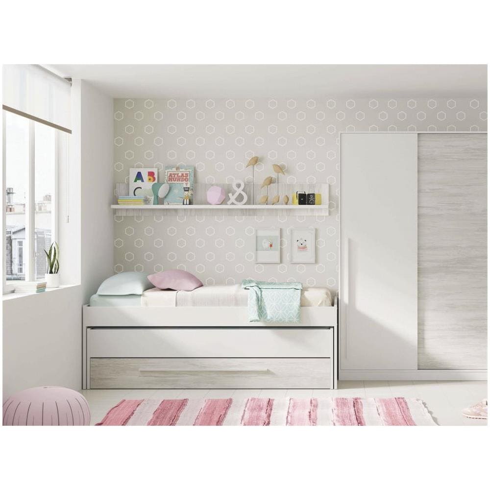 Letto Singolo Sunnyvale, Struttura Letto Per Cameretta, Letto Singolo Con Lettino Estraibile E Cassettone E Mensola Abbinata, 199x96h65 Cm, Bianco - Foto 1