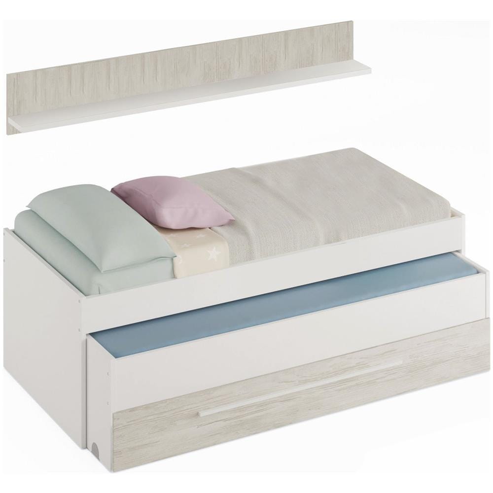 Letto Singolo Sunnyvale, Struttura Letto Per Cameretta, Letto Singolo Con Lettino Estraibile E Cassettone E Mensola Abbinata, 199x96h65 Cm, Bianco - Foto 2