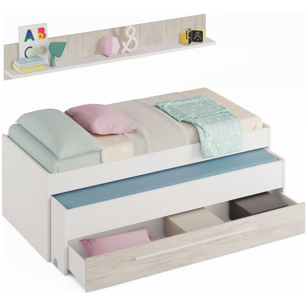 Letto Singolo Sunnyvale, Struttura Letto Per Cameretta, Letto Singolo Con Lettino Estraibile E Cassettone E Mensola Abbinata, 199x96h65 Cm, Bianco - Foto 4