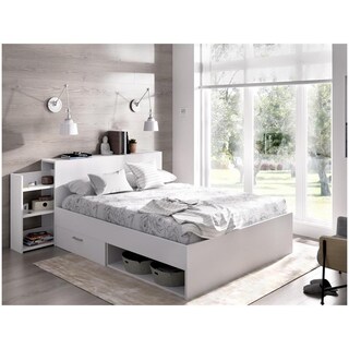 Letto LEANDRE Con Contenitore E Cassetti 140x190 Cm - Testiera Con Vani Portaoggetti, Nicchie E Baule, Colore Naturale, Con Rete A Doghe Inclusa