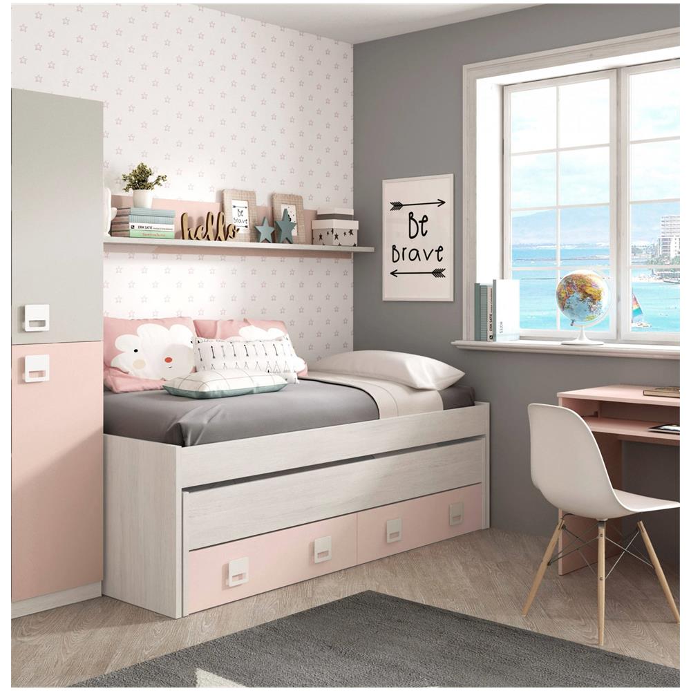 Letto Singolo Fairfield, Struttura Letto Per Cameretta, Letto Singolo Con Lettino Estraibile E 2 Cassetti E Mensola, 199x96h65 Cm, Bianco E Rosa - Foto 1