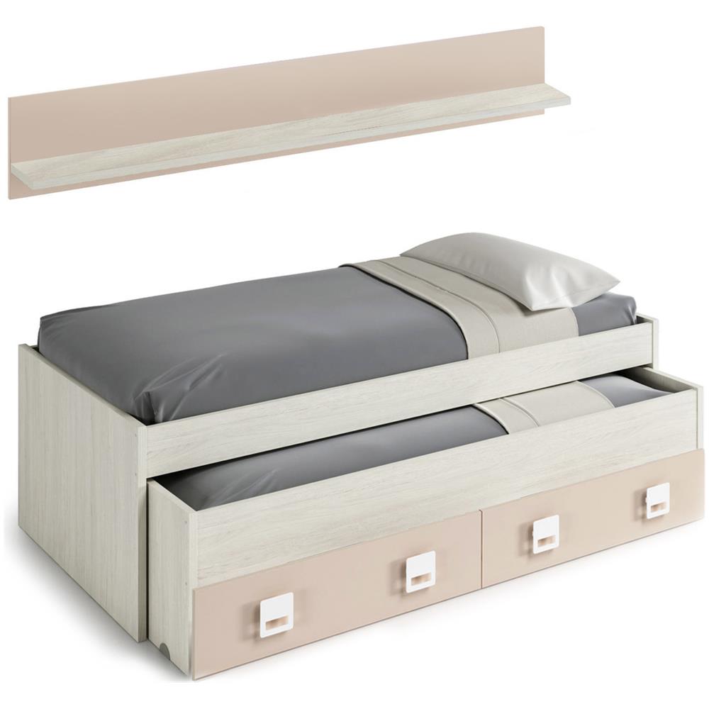 Letto Singolo Fairfield, Struttura Letto Per Cameretta, Letto Singolo Con Lettino Estraibile E 2 Cassetti E Mensola, 199x96h65 Cm, Bianco E Rosa - Foto 2