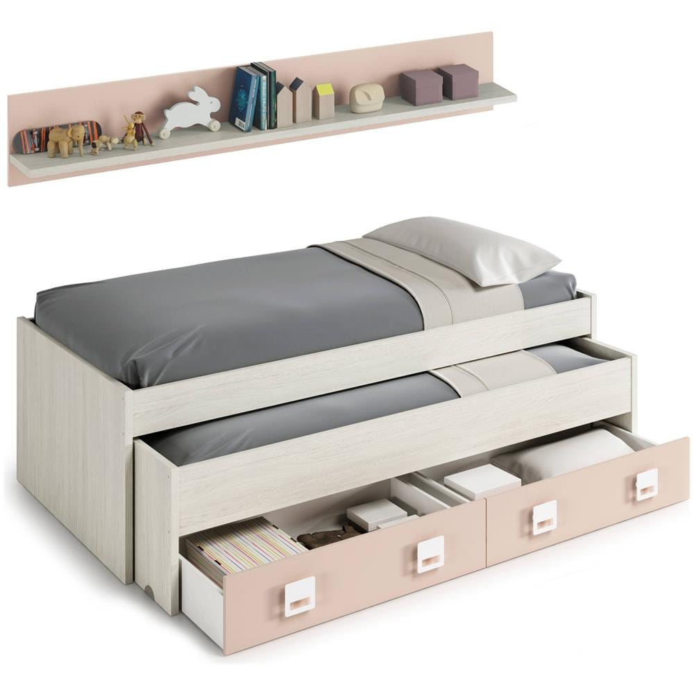 Letto Singolo Fairfield, Struttura Letto Per Cameretta, Letto Singolo Con Lettino Estraibile E 2 Cassetti E Mensola, 199x96h65 Cm, Bianco E Rosa - Foto 4