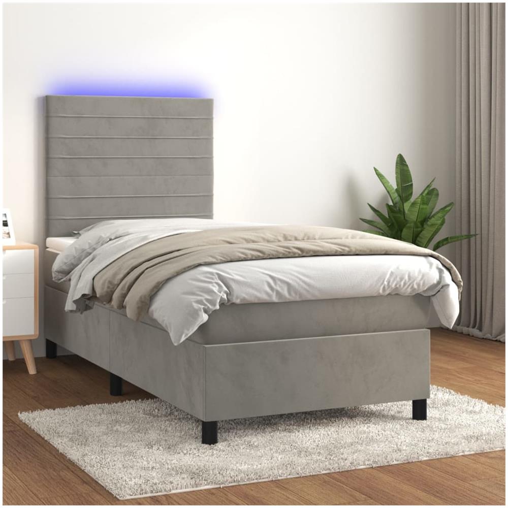 Letto A Molle Materasso E Led Grigio Chiaro 90x200 Cm Velluto - Foto 1