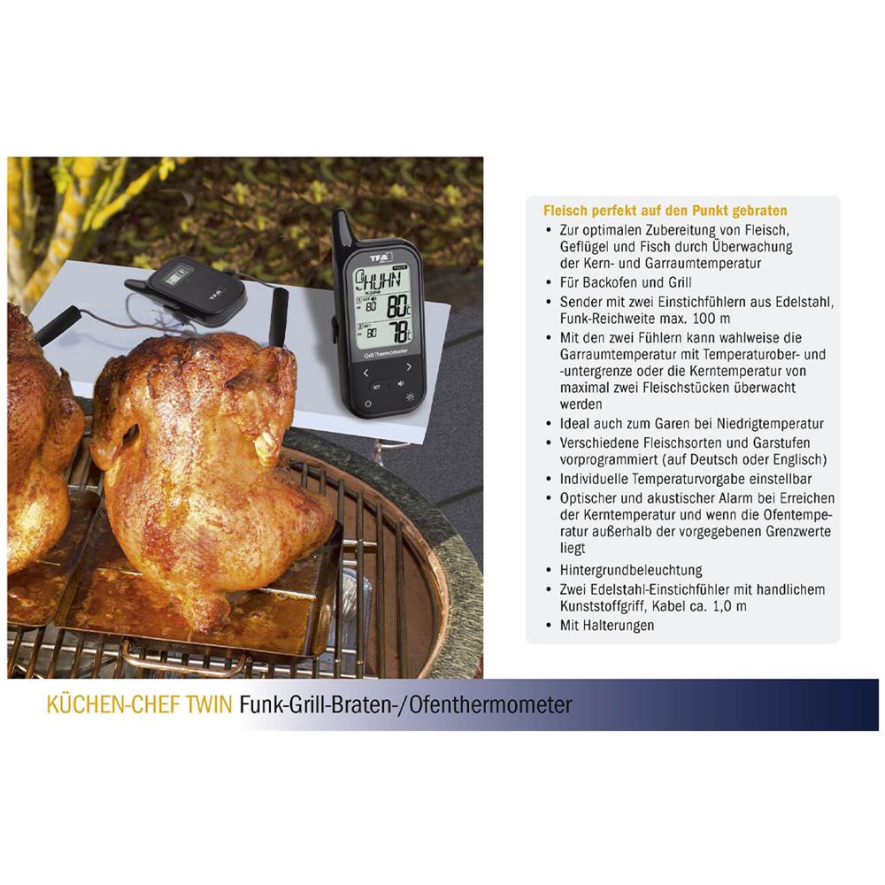 TFA Dostmann Küchen-Chef Twin - Termometro Radio per griglia, con Due sonde e Diversi Funzioni, plastica, Nero, Plastica, Nero, 6 x 3 x 14 cm - Foto 10