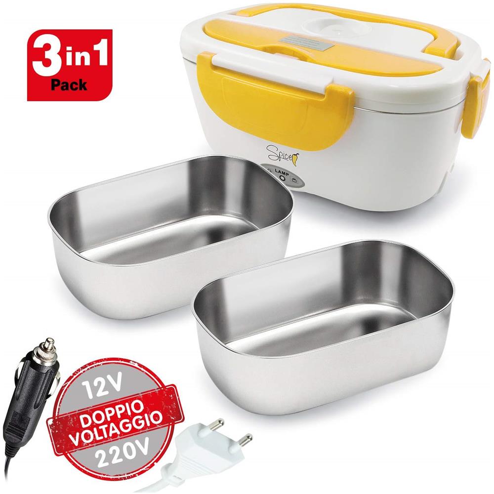 Amarillo Inox Plus Scaldavivande Portatile Lunch Box 40 W Coperchio con Guarnizione Doppio Voltaggio 220v - 12v con 2 Vaschette Acciaio Inox Estraibili - Foto 2