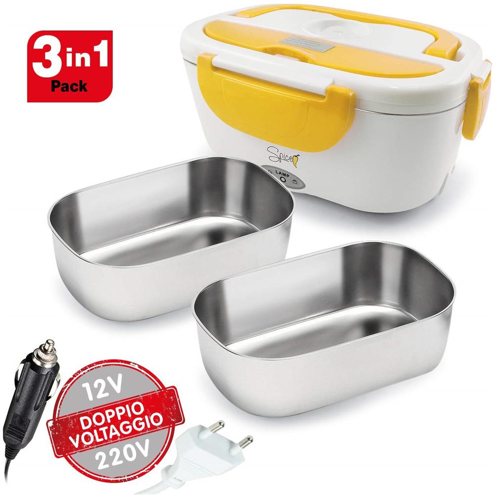 Amarillo Inox Plus Scaldavivande Portatile Lunch Box 40 W Coperchio con Guarnizione Doppio Voltaggio 220v - 12v con 2 Vaschette Acciaio Inox Estraibili - Foto 1