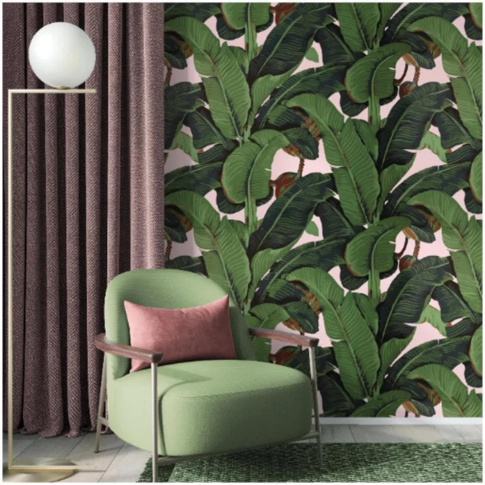 Carta Da Parati Foglie Di Banano Rosa In Fogli Di Vera Carta Vegana, Made In Italy, 200x280cm, 5,5mq - Foto 2