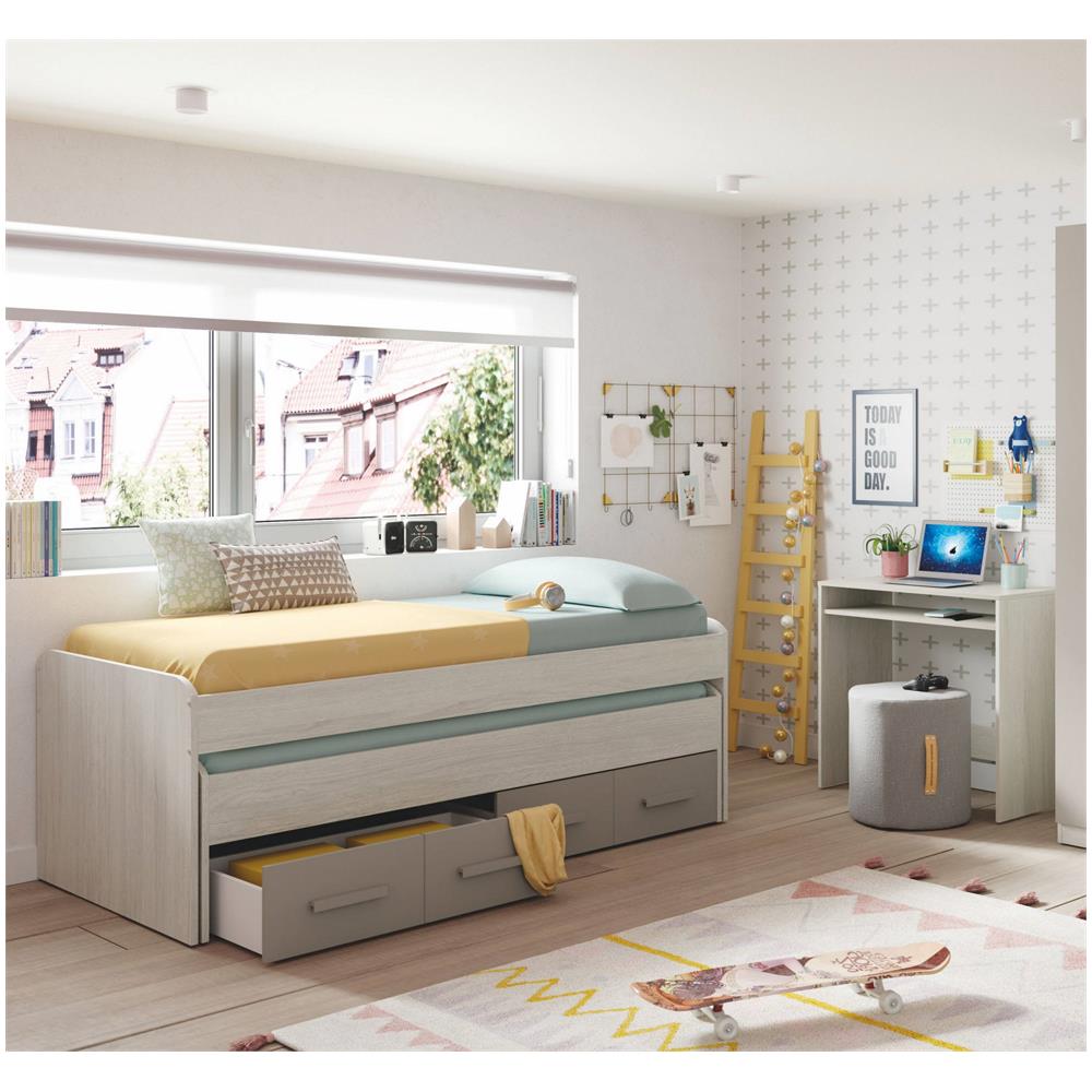 Letto Singolo Spokane, Struttura Letto Per Cameretta, Letto Singolo Con Lettino Estraibile E 4 Cassettoni, 198x96h69 Cm, Bianco E Marrone - Foto 1