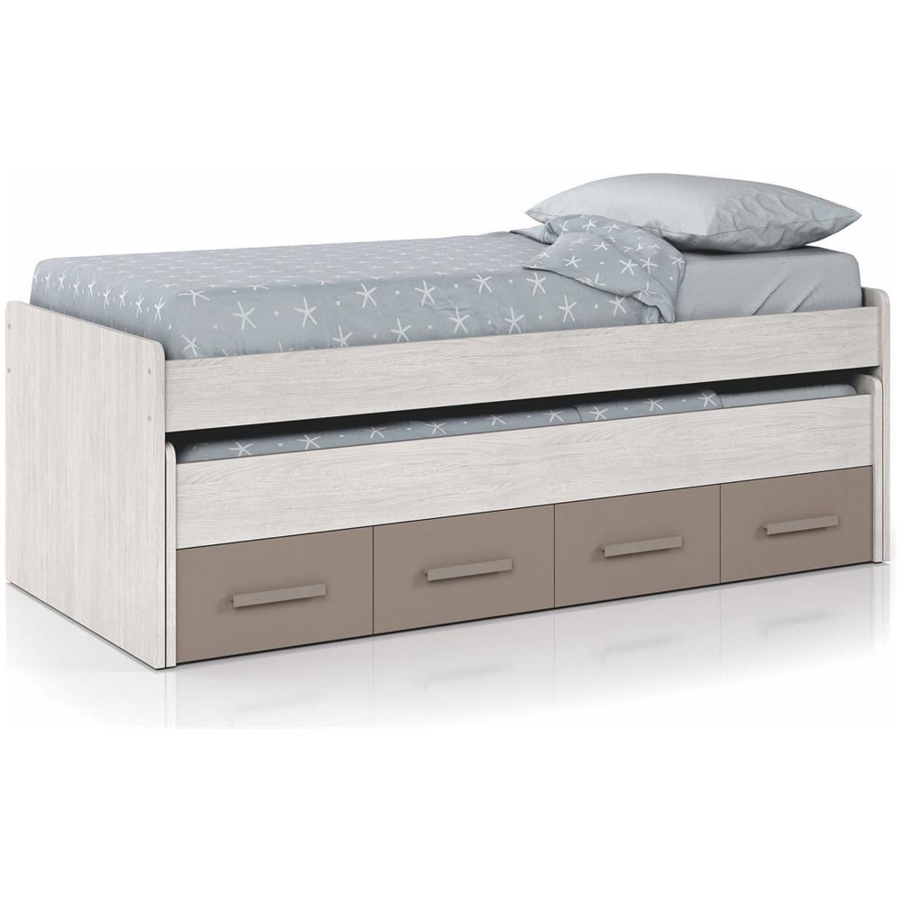 Letto Singolo Spokane, Struttura Letto Per Cameretta, Letto Singolo Con Lettino Estraibile E 4 Cassettoni, 198x96h69 Cm, Bianco E Marrone - Foto 2