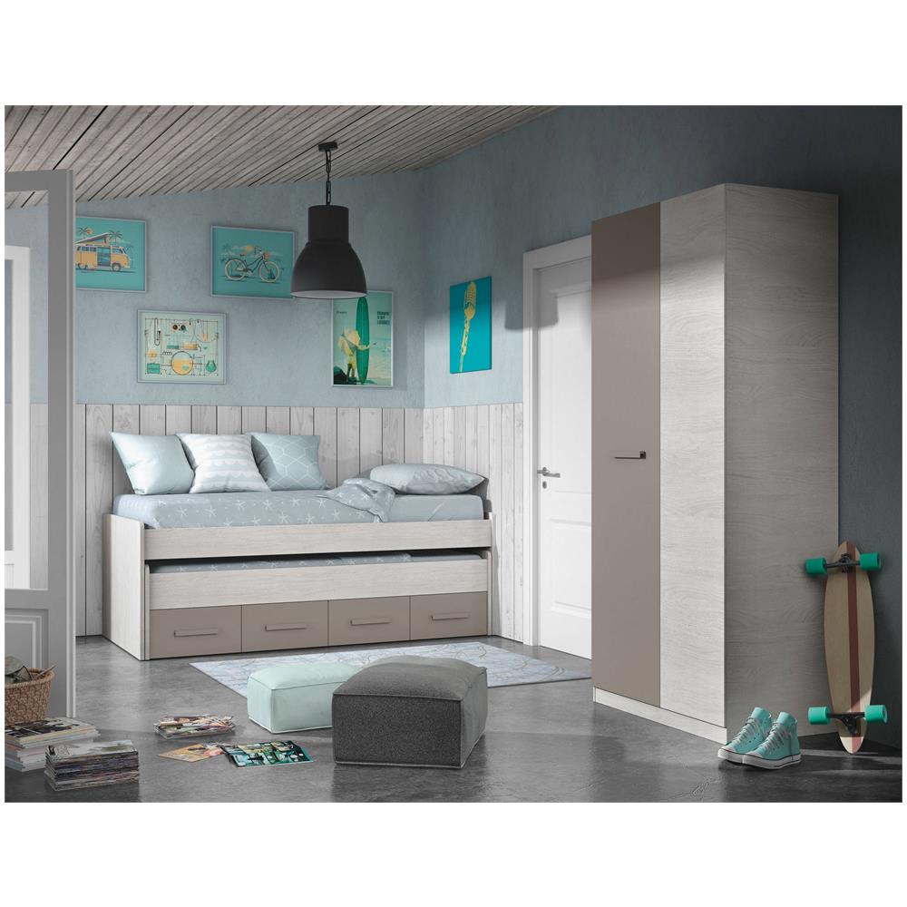 Letto Singolo Spokane, Struttura Letto Per Cameretta, Letto Singolo Con Lettino Estraibile E 4 Cassettoni, 198x96h69 Cm, Bianco E Marrone - Foto 4