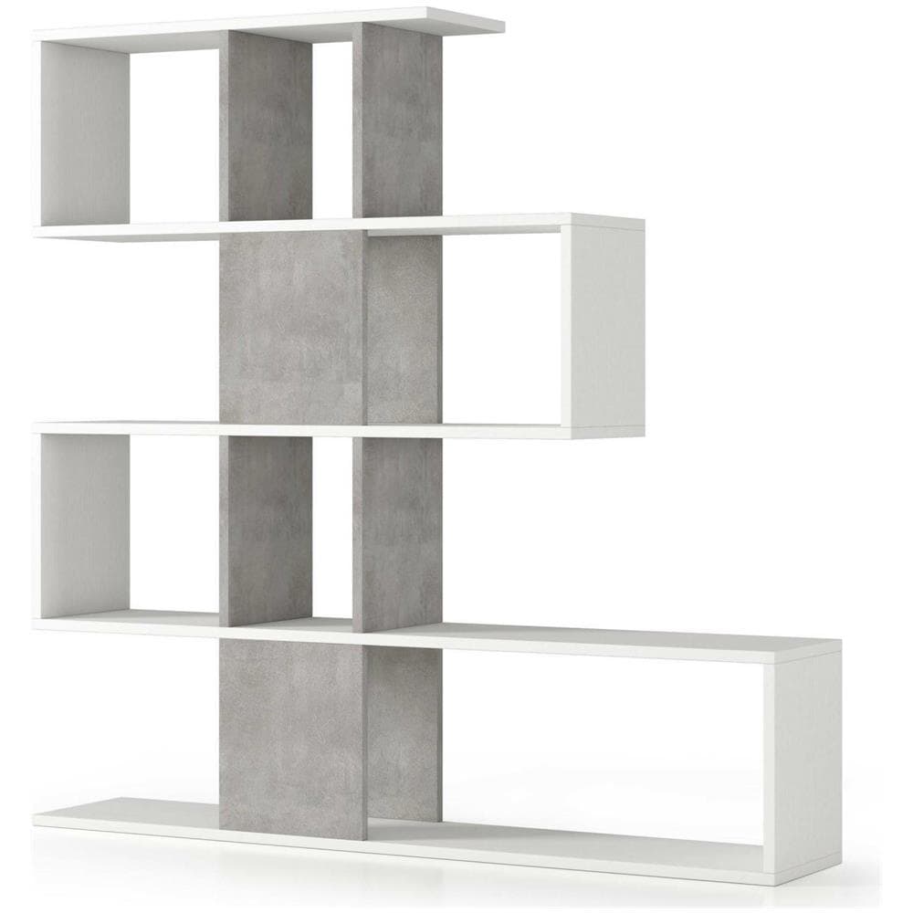 Libreria Hoya, Biblioteca Bifacciali A 5 Ripiani, Scaffale A Zig Zag Per Libri, Mobile Da Parete Con Ripiani, 100% Made In Italy, 145x29h145 Cm, Bianco E Cemento - Foto 2