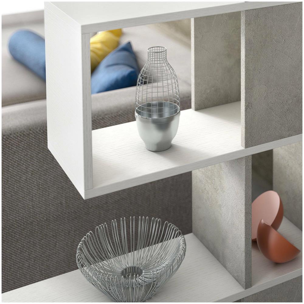 Libreria Hoya, Biblioteca Bifacciali A 5 Ripiani, Scaffale A Zig Zag Per Libri, Mobile Da Parete Con Ripiani, 100% Made In Italy, 145x29h145 Cm, Bianco E Cemento - Foto 4