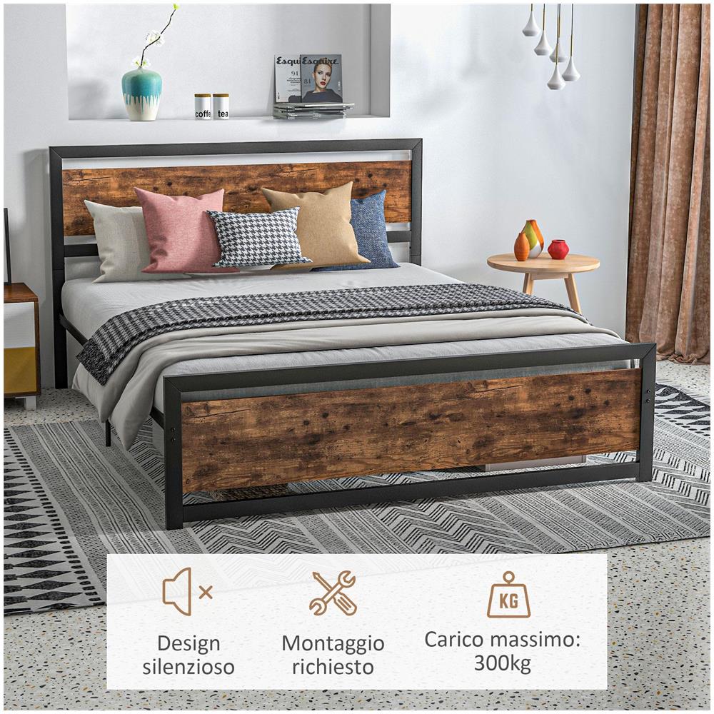 Struttura Letto Matrimoniale in Legno e Acciaio con Doghe in Stile Industriale, 160x200cm - Foto 6