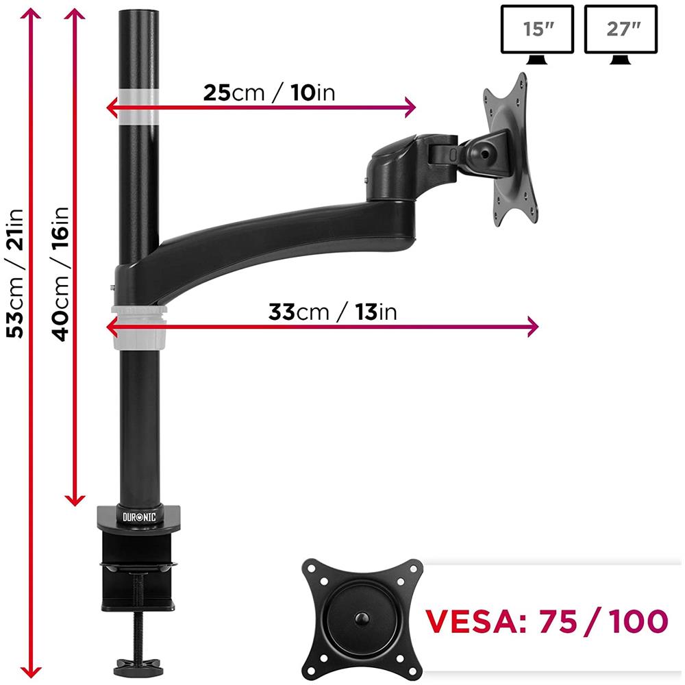 Dm451x2 Supporto Monitor - Supporto Per 1 Monitor Fino A 27” - Vesa 75/100 - Portata 13,8 Kg - Regolabile In Altezza - Inclinabile -90° +45° - Rotabile Di 360° Con Un Braccio - Foto 6