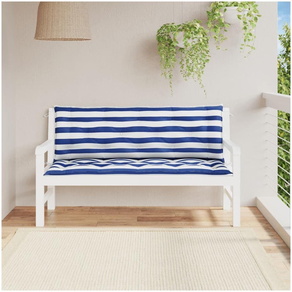 Cuscini Panca Giardino 2pz Righe Bianche Blu 150x50x7cm Tessuto - Foto 1