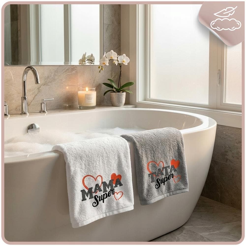 Set di asciugamani da bagno - 70x140 cm - Bianco-Grigio - Regalo ricamato per i genitori - Foto 2