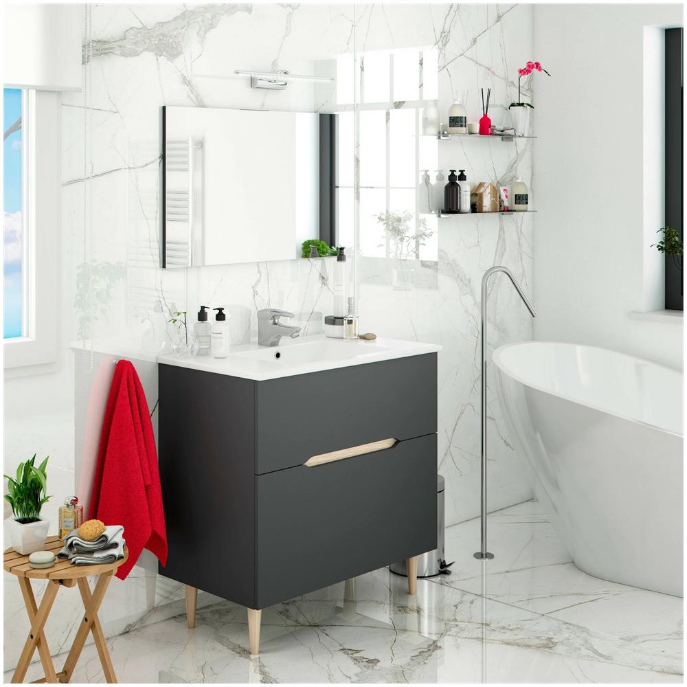 Mobile Sottolavabo Yarmouth, Sotto Lavabo Bagno, Mobiletto Da Bagno Con Specchio, Lavabo Non Incluso, 80x45h80 Cm, Antracite E Rovere - Foto 1