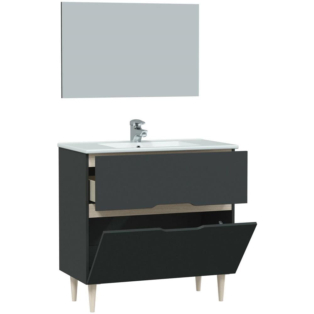 Mobile Sottolavabo Yarmouth, Sotto Lavabo Bagno, Mobiletto Da Bagno Con Specchio, Lavabo Non Incluso, 80x45h80 Cm, Antracite E Rovere - Foto 2