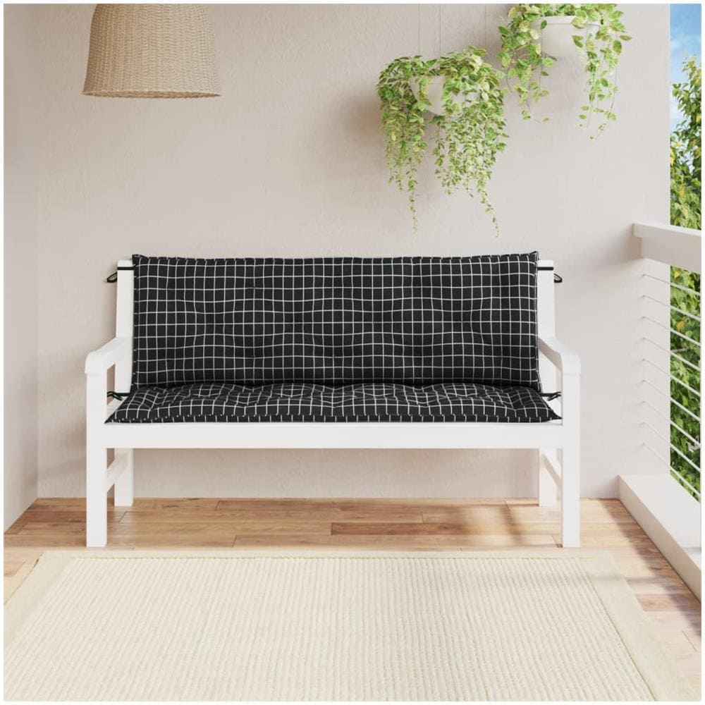 Cuscini Panca Da Giardino 2pz A Quadri Nero 150x50x7 Cm Tessuto - Foto 1