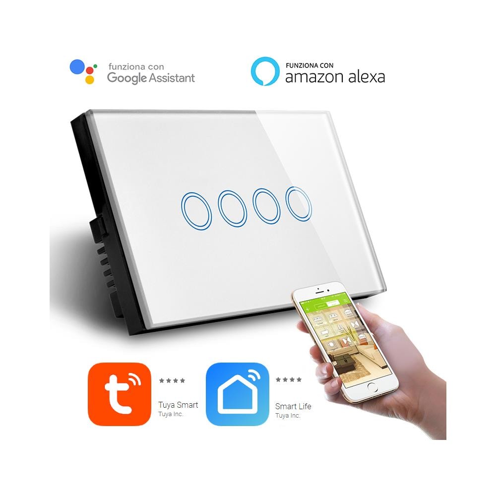Interruttore Smart Home A 4 Posizioni Touch Wifi Bianco Lkm-smswt04w Cristallo Temperato Controllo A Led Compatibile Con Amazon Echo E Google Home - Foto 1