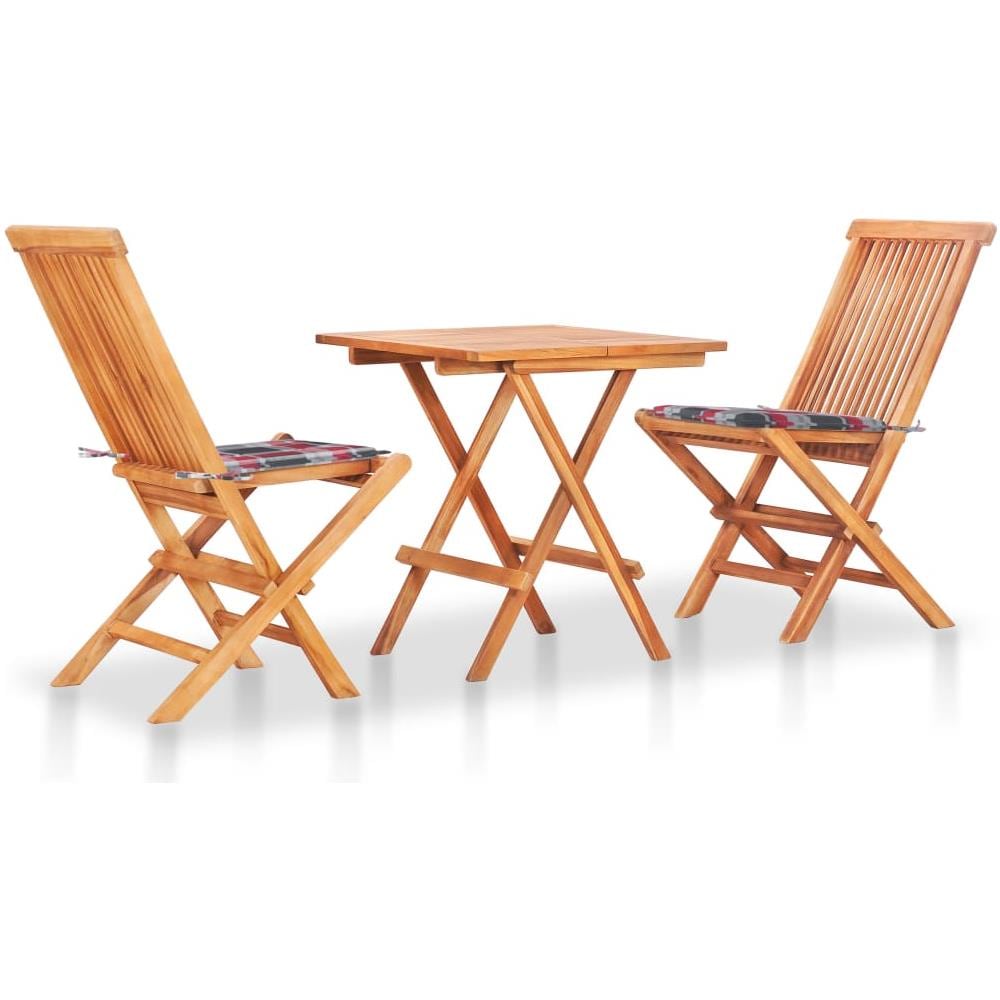 Set Da Bistrot 3 Pz Con Cuscini A Quadri Rossi Massello Di Teak - Foto 1
