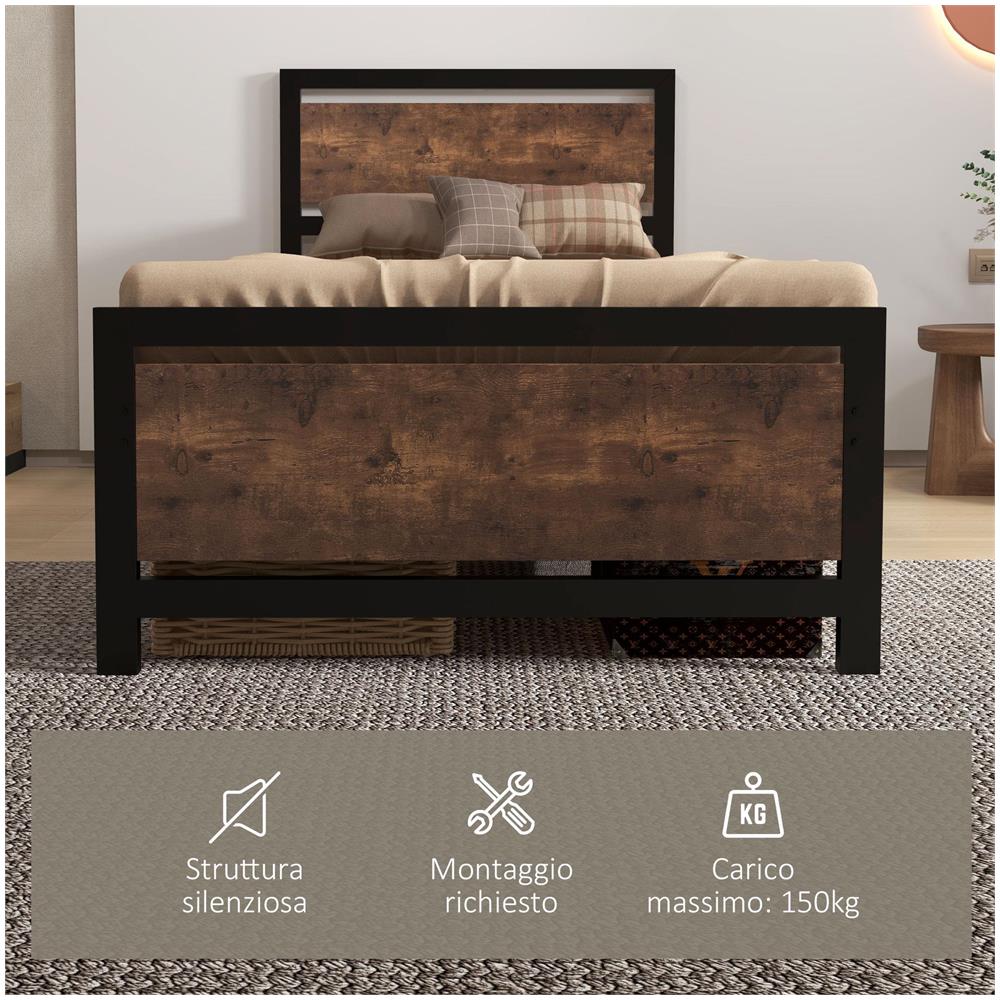 Struttura Letto Singolo in Legno e Acciaio con Doghe in Stile Industriale, 90x200cm - Foto 6