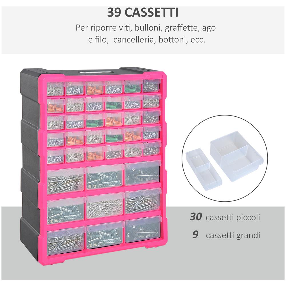 Cassettiera In Plastica Portaminuterie Con 39 Cassetti Trasparenti, Montaggio A Muro O A Terra 38x16x47.5cm Rosa - Foto 8