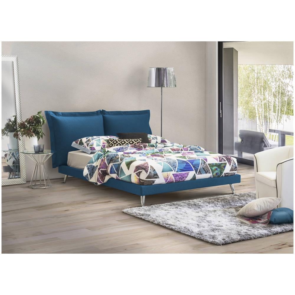 Letto Matrimoniale Ludovica, Letto Fisso In Tessuto Con Piedini, 100% Made In Italy, Adatto Per Materasso 160x190 Cm, Blu - Foto 1